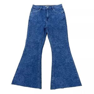 FOREVER 21 PREMIUM Womens Jeans Blue Floral Bell  Bottom Flare Hippie Denim 28